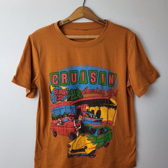 EUC Shein Cruisin American Style Burger City Graphic Orange Tee T-Shirt Size L - Picture 2 of 12